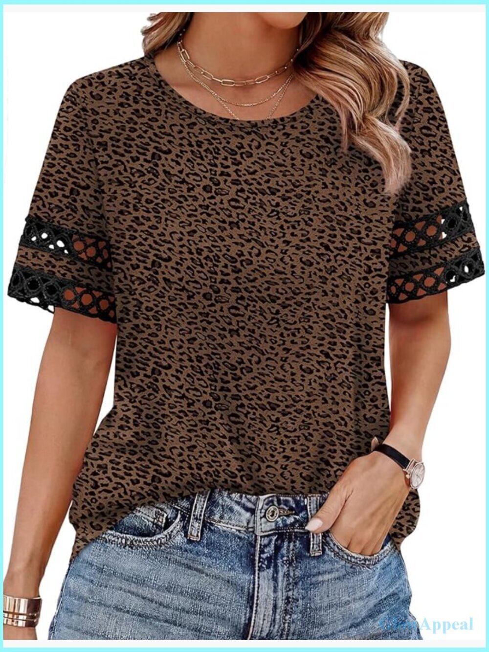 Dressy Casual Short Sleeve Blouse with Lace Sleeves - Leopard Print
